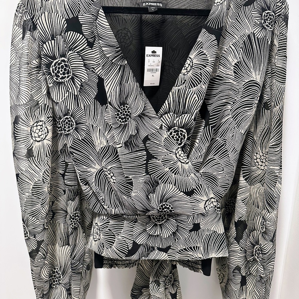 Express Floral V-Neck Faux Wrap Tie Waist Blouse
